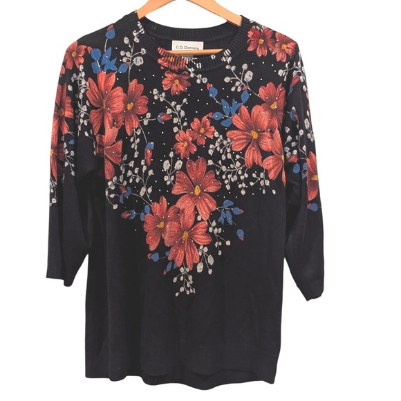 C.D. Daniels Floral Sweater Rhinestone Embellished Black Red Blue 1X - Picture 1 of 5